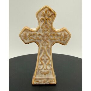 Ceramic Standing Cross Embossed Scroll Heart Design Tan Cream Religious Decor